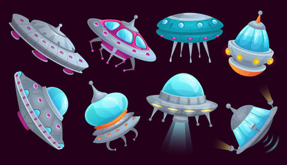 Cartoon ufo spaceship. Alien spacecraft futuristic vehicle, space invaders ship and flying saucer isolated vector set