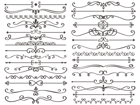 Decorative page divider. Vintage decor lines, luxury wedding frame line and ornate swirl dividers isolated vector set