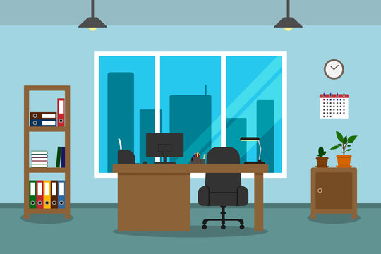 Office interior with blue wall, big window and view of skyscrapers. Vector illustration.