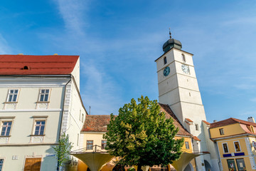 View to the Sibiu's council tower towards a blue sky in Sibiu, Romania