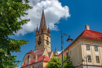 Fototapeta premium Lutheran Cathedral of Saint Mary on a beautiful sunny summer day in Sibiu, Transylvania region, Romania