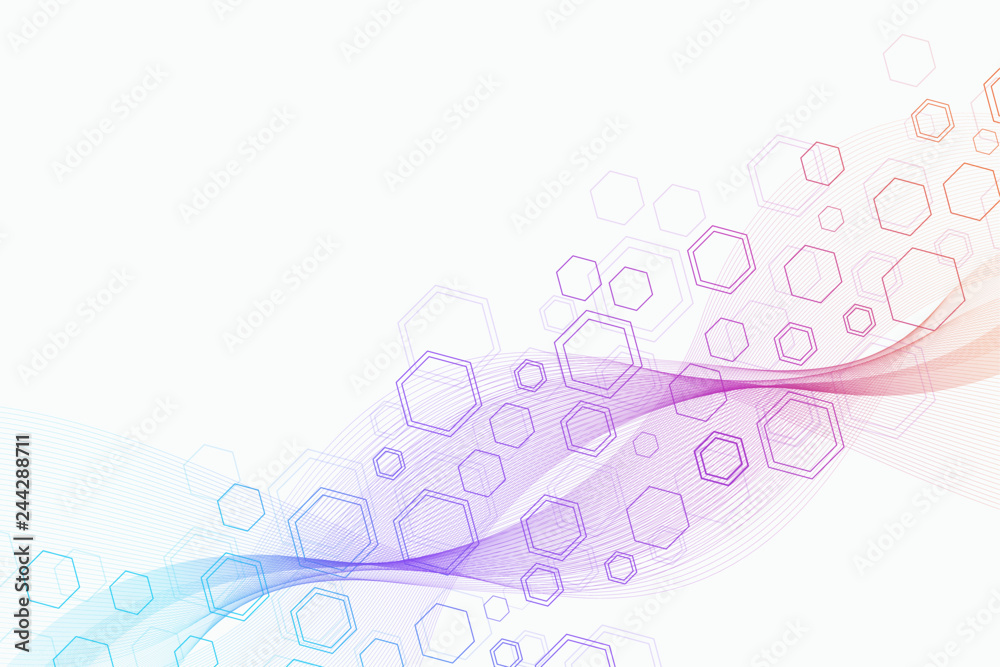 Poster Abstract hexagonal background with waves. Hexagonal molecular structures. Futuristic technology background in science style. Graphic hex background for your design. Vector illustration
