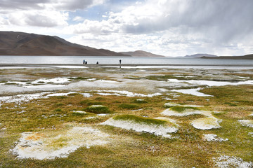 China, Tibet. Rain over the lake Ngangla Ring Tso in summer
