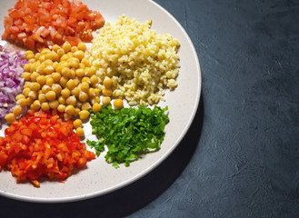 Arabic Food: Bulgur wheat, vegetable and chickpea pilaf. Set of ingredients.

