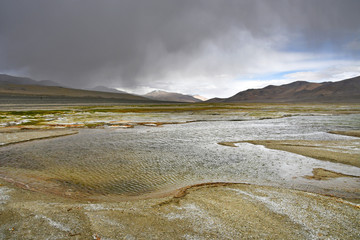 Fototapeta na wymiar China, Tibet. Rain over the lake Ngangla Ring Tso in summer