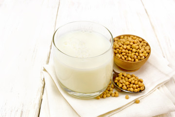 Milk soy in glass on board