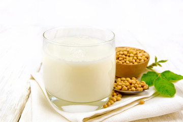 Milk soy in glass with leaf on board