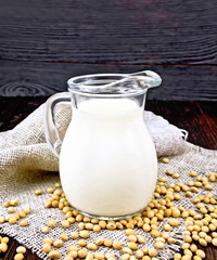 Milk soy in jug on dark board
