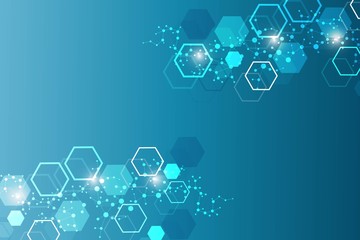Science network pattern, connecting lines and dots. Technology hexagons structure or molecular connect elements.