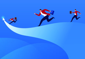 Business people running along the arrow towards the end