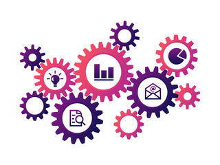 Business mechanism concept. Abstract background with connected gears and icons for strategy, service, analytics, research, seo, digital marketing, communicate concepts. Vector infographic illustration