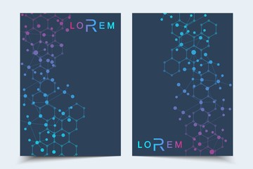Scientific brochure design template. Vector flyer layout, Molecular structure with connected lines and dots. Scientific pattern atom DNA with elements for magazine, leaflet, cover, poster design.