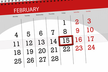 Calendar planner for the month february 2019, deadline day, 15, friday