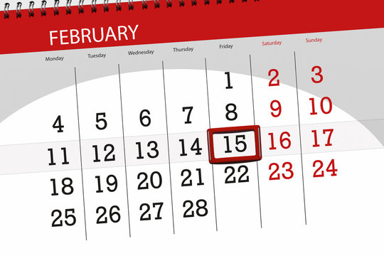Calendar planner for the month february 2019, deadline day, 15, friday