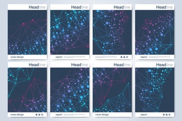 Scientific brochure design template. Vector flyer layout, Molecular structure with connected lines and dots. Scientific pattern atom DNA with elements for magazine, leaflet, cover, poster design.