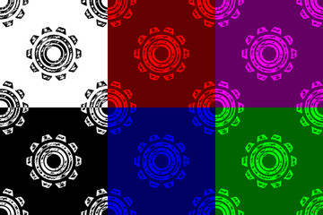 Gear wheel seamless pattern, Cog-wheel (black, white, red, blue, green, purple) background set, 
