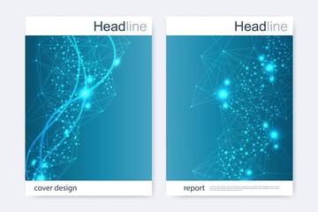 Scientific brochure design template. Vector flyer layout, Molecular structure with connected lines and dots. Scientific pattern atom DNA with elements for magazine, leaflet, cover, poster design.