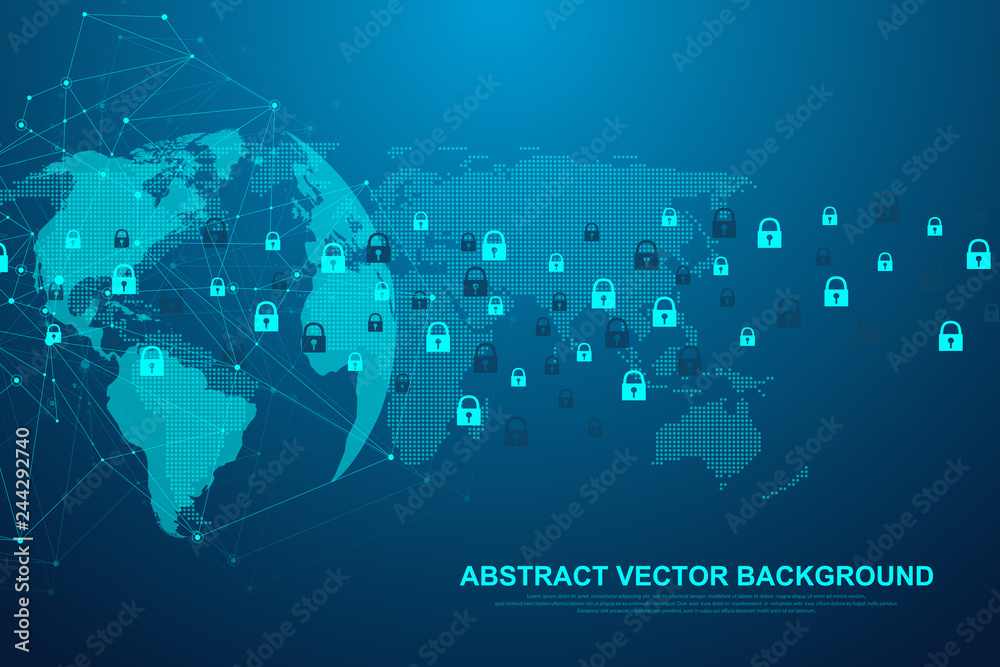 Aufkleber Futuristic abstract background blockchain technology. Global internet network connection. Peer to peer network business concept. Global cryptocurrency blockchain vector banner. Wave flow