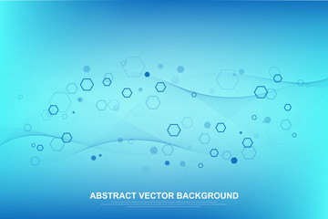 Abstract medical background DNA research, molecule, genetics, genome, DNA chain. Genetic analysis art concept with hexagons, lines, dots. Biotechnology network concept molecule, vector illustration.