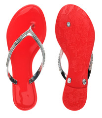 Red flip-flops in rhinestones bottom view and top view. Isolated
