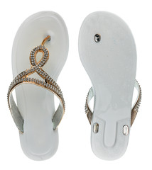 White flip-flops in rhinestones bottom view and top view. Isolated