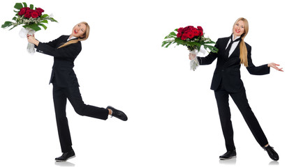 Businesswoman with bunch of flowers isolated on white 