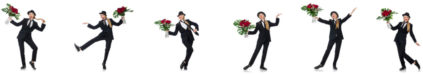 Obraz premium Businesswoman with bunch of flowers isolated on white 