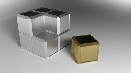 Just the last little brass part of a steel cube has to be put in its position - 3D rendering illustration
