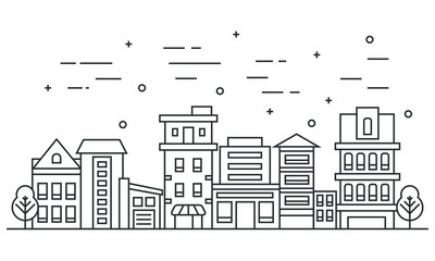 Thin line city landscape with trees. Flat design vector illustration