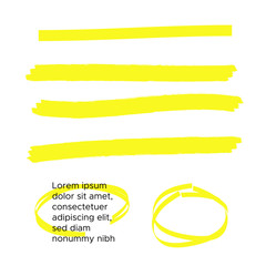 Obraz premium Vector yellow highlighter brush lines. Brush pen underline. Yellow watercolor hand drawn highlight