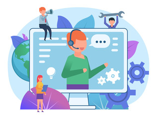Call center, online support assistant. Small people stand near big screen, support operator. Poster for web page, banner, social media, presentation. Flat design vector illustration