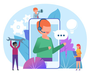Call center, online support assistant. Small people stand near big smartphone, support operator. Poster for web page, banner, social media, presentation. Flat design vector illustration