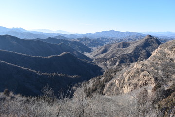 Mountainous landscape at the Great Wall in Jinshanling in winter near Beijing in China
