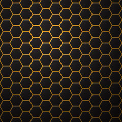 Black background with hexagons, honeycomb pattern. Vector
