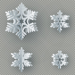 Set of nine different paper snowflake cut from paper isolated on transparent background. Merry Christmas, New Year winter theme decoration object. EPS 10