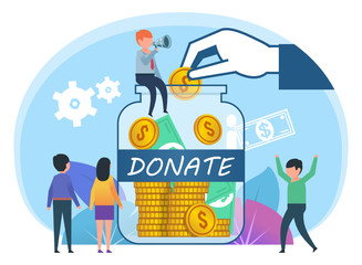 Donate, charity, save money. Small people stand near big bottle with cash, money, coins. Poster for web design, banner, social media, presentation. Flat design vector illustration