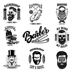 Set of vintage barber shop emblems, badges and design elements.  for logo, label, sign.