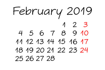 February Year 2019 Monthly Calendar Handwritten