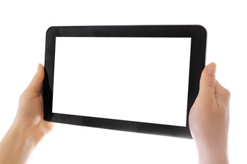 in human hands tablet computer touch-screen gadget with isolated