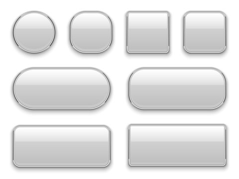 White buttons chrome frame. 3d realistic web glass elements oval rectangle square circle chrome white button interface