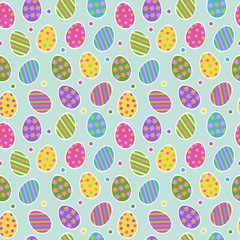 Easter egg seamless pattern vector background with cute colourful painted striped easter eggs stickers with dots on light green background.