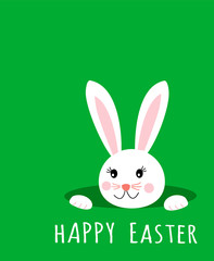 Easter greeting card with text happy easter and cute bunny rabbit looking from the hole in grass, green background. Vector eps10 illustration, flat kawaii style