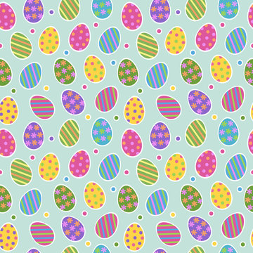 Easter egg seamless pattern vector background with cute colourful painted striped easter eggs stickers with dots on light green background.