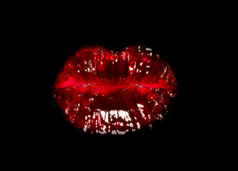 Lip gloss. Woman lips with bright fashion red glossy makeup. Macro magenta lipgloss make-up. Sexy color Lipstick. Shiny mouth isolated on black background.