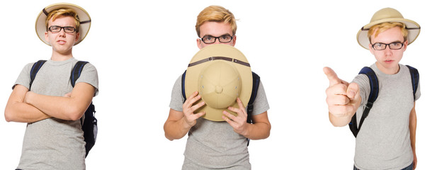 Young boy in cork helmet with backpack 