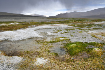 China, Tibet. Rain over the lake Ngangla Ring Tso in summer