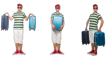 Young man with suitcase isolated on white 