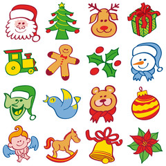 Fototapeta premium Christmas repeatable pattern showing Santa, tree, reindeer, gift, train, cookie man, holly and snowman. Elf bird, teddy bear, bauble, angel, rocking horse, bell and poinsettia complete the design