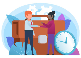 Business deal, agreement. Woman and man handshake, stand near big suitcase. Poster for social media, web page, banner, presentation. Flat design vector illustration