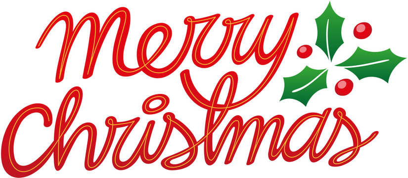 Hand made cursive text in red letters and lettering style adorned with red berries and evergreen holly leaves. A yellowish line in the middle of each letter.  Merry Christmas greeting